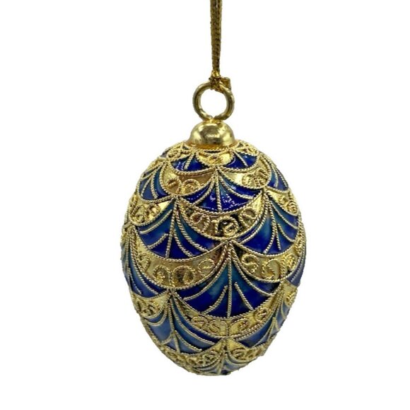 Vintage Blue Enamel Egg Ornament Gold Tone Christmas Holiday Tree Decor - Picture 1 of 9
